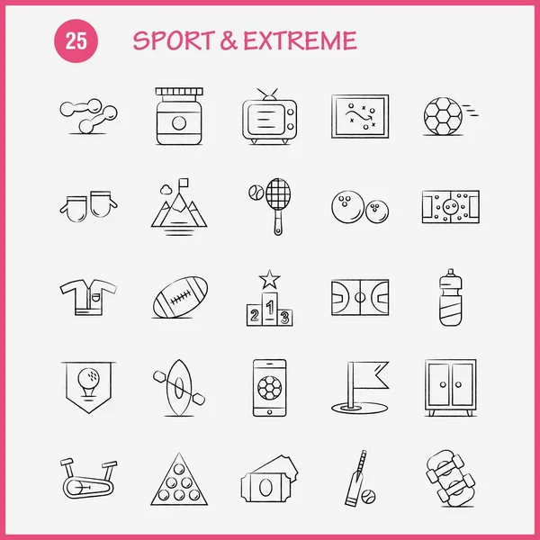 Sport And Extreme Hand Drawn Icons Set For Infographics, Mobile UX/UI Kit And Print Design. Include: Football, Ball, Game, Sport, Mobile, Play, Game, Online, Icon Set - Vector