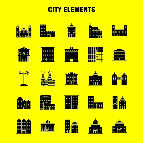 Şehir öğeleri katı glif Icons Set için Infographics, mobil Ux/UI Kit ve baskı tasarımı. Şunları içerir: Tower, Bina, şehir, Office, binalar, Tower, şehir, Office, Eps 10 - vektör