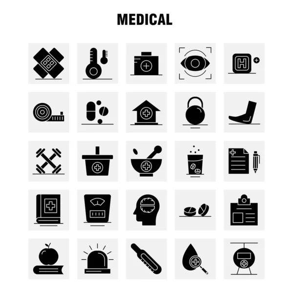 Iconos Médicos Del Glifo Sólido Fijados Para Las Infografías Equipo — Archivo Imágenes Vectoriales