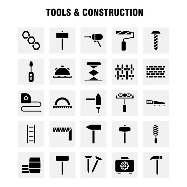 Tools And Construction Solid Glyph Icon Pack For Designers And Developers. Icons Of Box, Case, Cog, Construction, Construction, Measure, Tape, Tape Vector