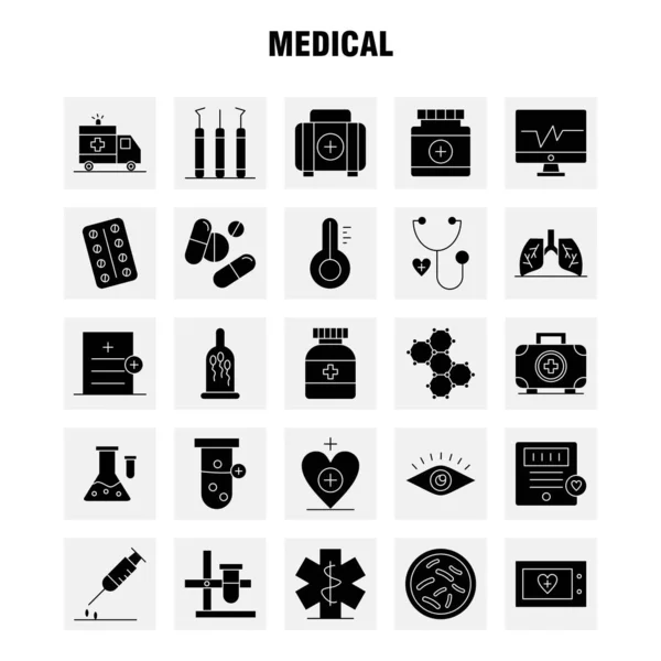 医療固体グリフ アイコン設定インフォ グラフィック モバイル キットと印刷のデザイン 以下は 救急車 ヘルスケア スキャナー Eps — ストックベクタ