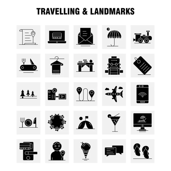 旅行和地标固体字形图标的网络 打印和移动 象形文字包 — 图库矢量图片