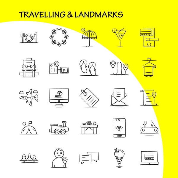 旅行とランドマークは Web の描画したアイコンを手キット ファイル チャット チャット テキスト トランスポート 絵文字パック ベクトル — ストックベクタ