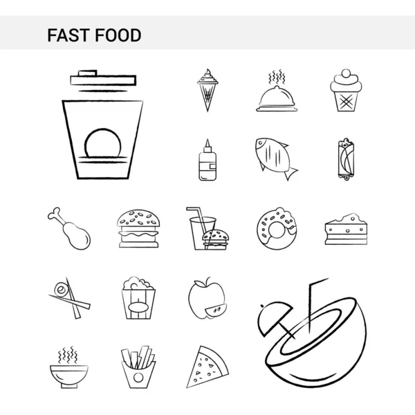 Fast Food Hand Drawn Icon Set Style Isolated White Background — Stock Vector