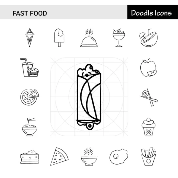 Conjunto de 17 Conjunto de iconos dibujados a mano de comida rápida — Vector de stock