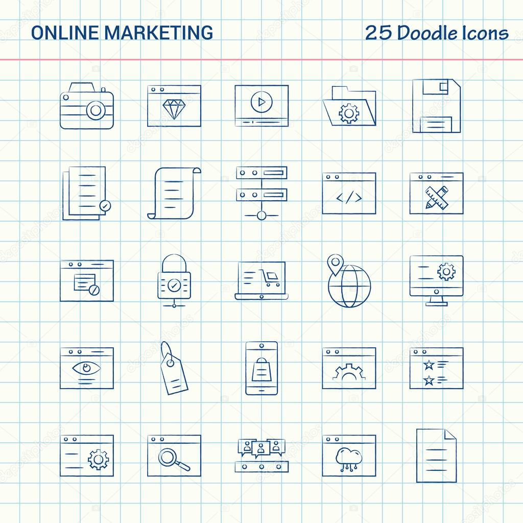 Online Marketing 25 Doodle Icons. Hand Drawn Business Icon set