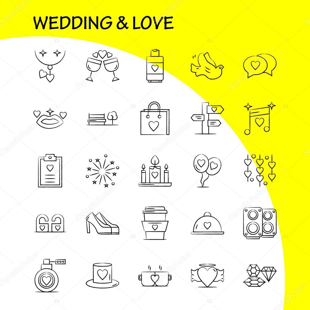 Wedding And Love Hand Drawn Icons Set For Infographics, Mobile UX/UI Kit And Print Design. Include: Clipboard, Heart, Love, Text, Firework, Fire, Love, Wedding, Icon Set - Vector