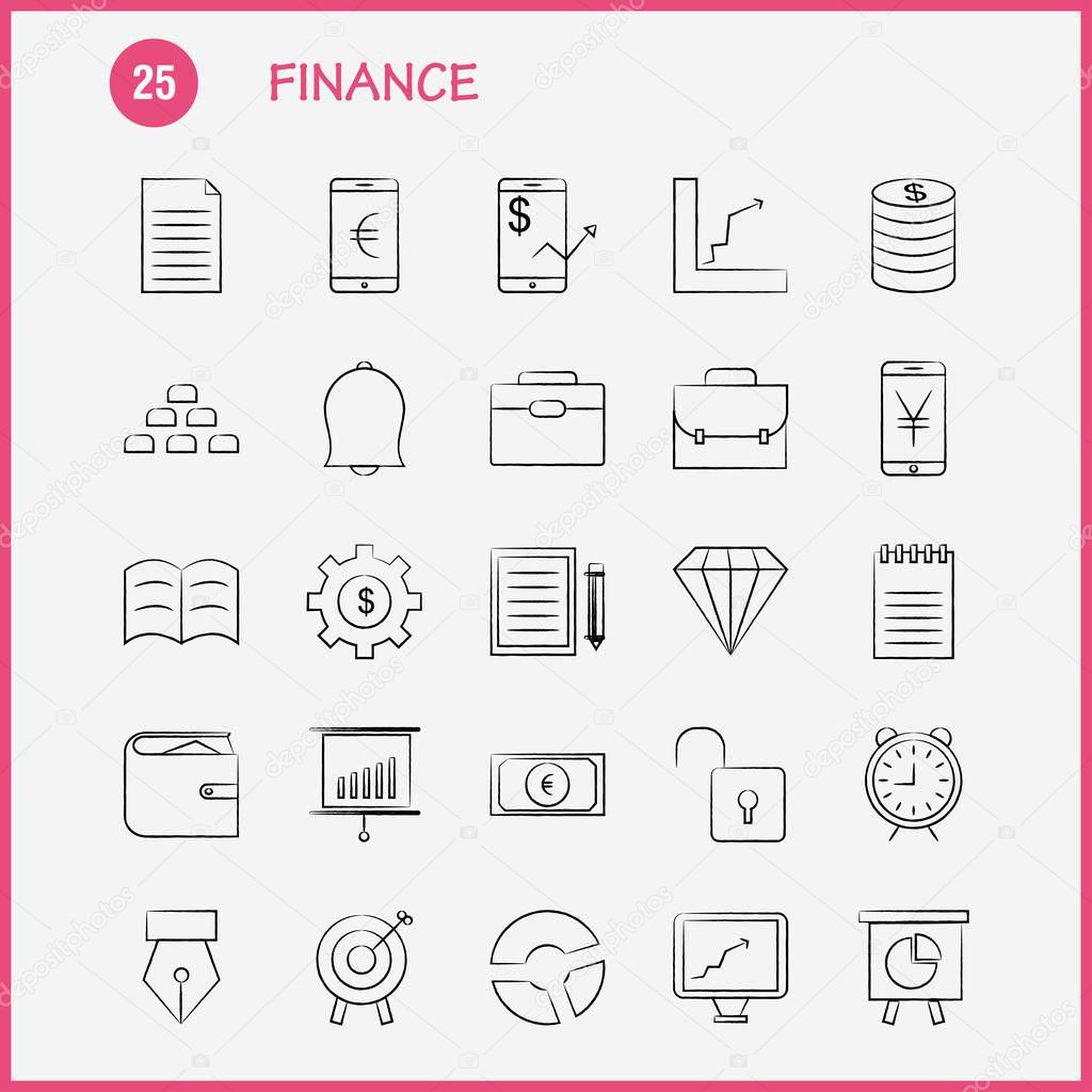 Finance Hand Drawn Icons Set For Infographics, Mobile UX/UI Kit And Print Design. Include: Dollar, Money, Note, Rupees, Divide, Math, Plus, Minus, Collection Modern Infographic Logo and Pictogram. - Vector