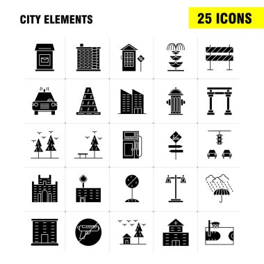 Şehir öğeleri katı glif Icons Set için Infographics, mobil Ux/UI Kit ve baskı tasarımı. Şunları içerir: Araba, araç, seyahat, ulaşım, salıncak, çocuklar, parklar, oyun, Eps 10 - vektör