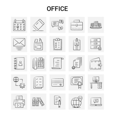 25 el çizilmiş Office simge seti. Gri arka plan vektör Doodle
