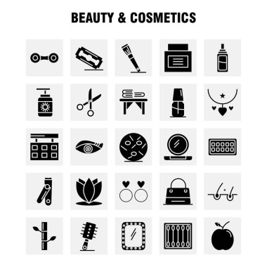Güzellik ve kozmetik katı glif simgeleri ayarlamak için Infographics, mobil Ux/UI Kit ve baskı tasarımı. Şunları içerir: Güzellik, tomurcukları, pamuk, makyaj, kadın, kozmetik, güzellik, aşk, Icon Set - vektör