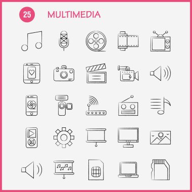 Multimedya el çekilmiş Icon Web, baskı ve mobil Ux/UI için Kit. Gibi: dişli, korumak, ayar, aracı, ayarlama, hoparlör bilgisayar, donanım, piktogram paketi. -Vektör