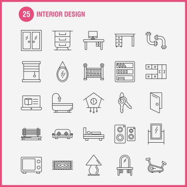 İç tasarım hat simgelerini belirlemek için Infographics, mobil Ux/UI Kit ve baskı tasarımı. Şunları içerir: Halı, mobilya, ev, pencere, ev, ev, kapı, giriş, Eps 10 - vektör