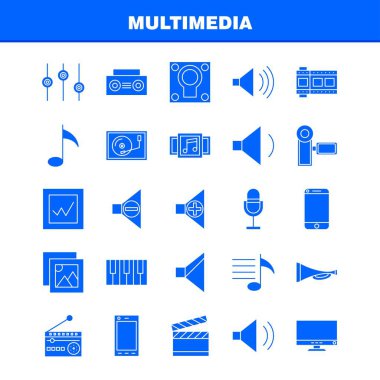 Web, baskı ve mobil Ux/UI için Multimedya katı glif simge seti. Gibi: cep, telefonu, akıllı telefon, çağrı, kamera, dosya, fotoğraf, slayt, piktogram paketi. -Vektör