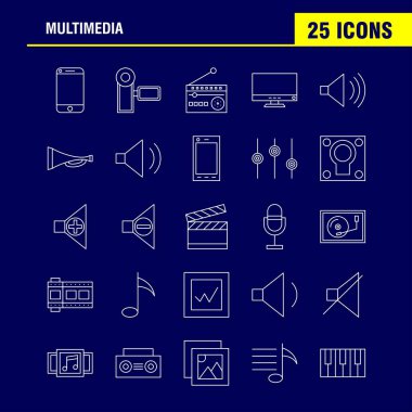 Multimedya satırı simgesi Web, baskı ve mobil Ux/UI için Kit. Gibi: cep, cep, telefonu, donanım, kamera, Video, resim, Film, piktogram paketi. -Vektör