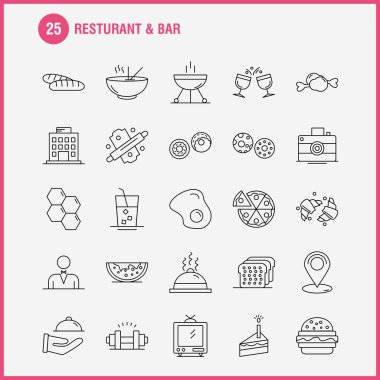 Restoran ve Bar satır simgesi Web, baskı ve mobil Ux/UI için Kit. Gibi: Casino, kumar, oyun, grup, ev, kamera, eğlence, görüntü, piktogram paketi. -Vektör