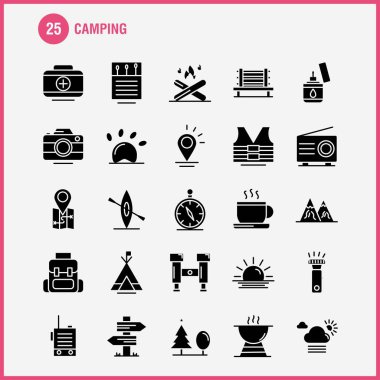 Kamp katı glif Icons Set için Infographics, mobil Ux/UI Kit ve baskı tasarımı. Şunları içerir: Bulut, güneş, hava, çay, fincan, kahve, sıcak, Box, Icon Set - vektör