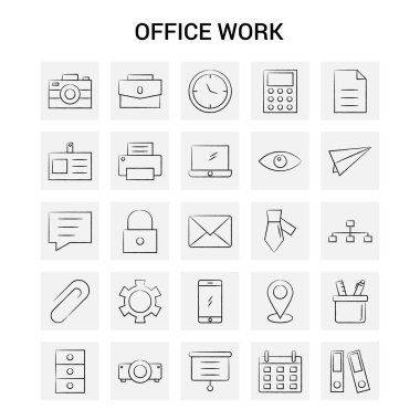 25 el çizilmiş Office iş Icon set. Gri arka plan vektör Doodle