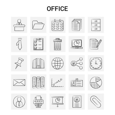 25 el çizilmiş Office simge seti. Gri arka plan vektör Doodle