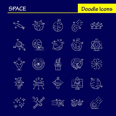 Alan el çekilmiş Icons Set için Infographics, mobil Ux/UI Kit ve baskı tasarımı. Şunları içerir: Roket, uzay, ulaşım, Moon, Planet, uzay, uzay gemisi, teleskop, Icon Set - vektör