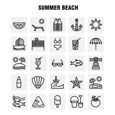 Beach satır Icon Pack için tasarımcılar ve geliştiriciler. Balık, deniz, yıldızı, deniz yıldızı, Hindistan cevizi, simgeler, tropikal meyve, plaj, vektör