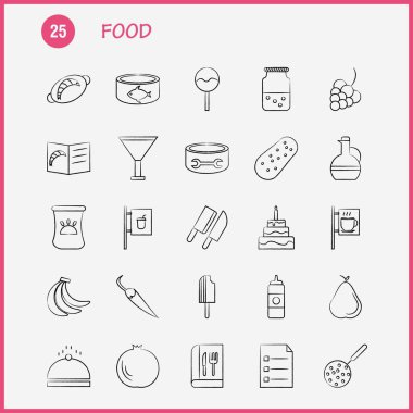 Gıda el çekilmiş Icons Set için Infographics, mobil Ux/UI Kit ve baskı tasarımı. Şunları içerir: Bisküvi, tatlı, yemek, yemek, sosis, et, gıda, yemek, koleksiyon Modern Infographic Logo ve piktogram. -Vektör