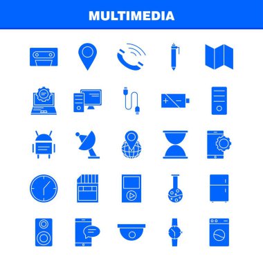 Web, baskı ve mobil Ux/UI için Multimedya katı glif simge seti. Gibi: Dünya, dünya, harita, yer, izle, izle, zaman, piktogram Pack el. -Vektör