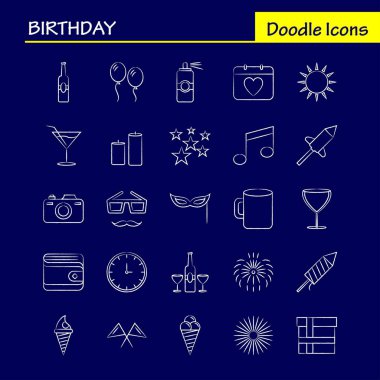 Web, baskı ve mobil Ux/UI için doğum günü elle çizilmiş simge seti. Gibi: Takvim, gün, Tarih, aşk, cam, içki, şarap, buğday, piktogram paketi. -Vektör