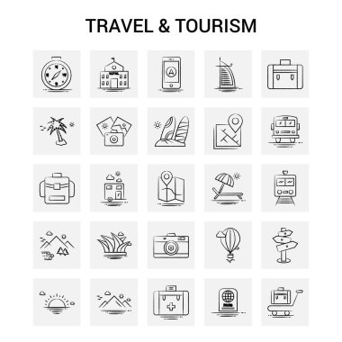 25 el çizilmiş seyahat ve Turizm Icon set. Gri arka plan vektör Doodle
