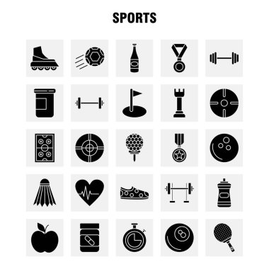 Web, baskı ve mobil Ux/UI için katı glif simge spor takımı. Gibi: yatılı, kaykay, paten, spor, silah, silah kurulu, spor, piktogram paketi. -Vektör