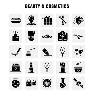 Güzellik ve kozmetik katı glif simgeleri ayarlamak için Infographics, mobil Ux/UI Kit ve baskı tasarımı. Şunları içerir: Blade, kesim, jilet, kozmetik, konumu, kozmetik, güzellik, banyo, Icon Set - vektör