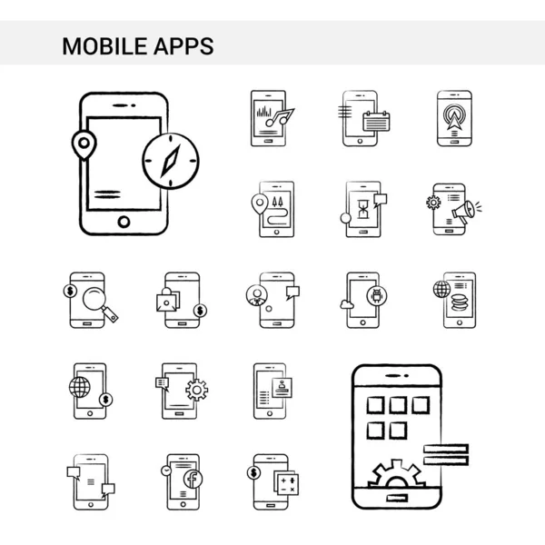 Applications Mobiles Dessinées Main Icône Ensemble Style Isolé Sur Fond — Image vectorielle