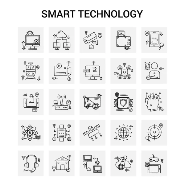 Handgezeichnete Smart Technology Icon Set Grauer Hintergrund Vektor Doodle — Stockvektor
