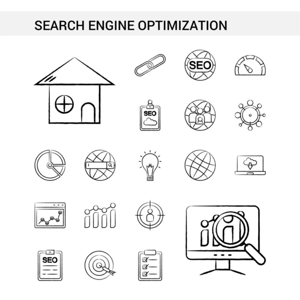 Search Engine Optimization hand getekend instellen pictogramstijl, geïsoleerde o — Stockvector