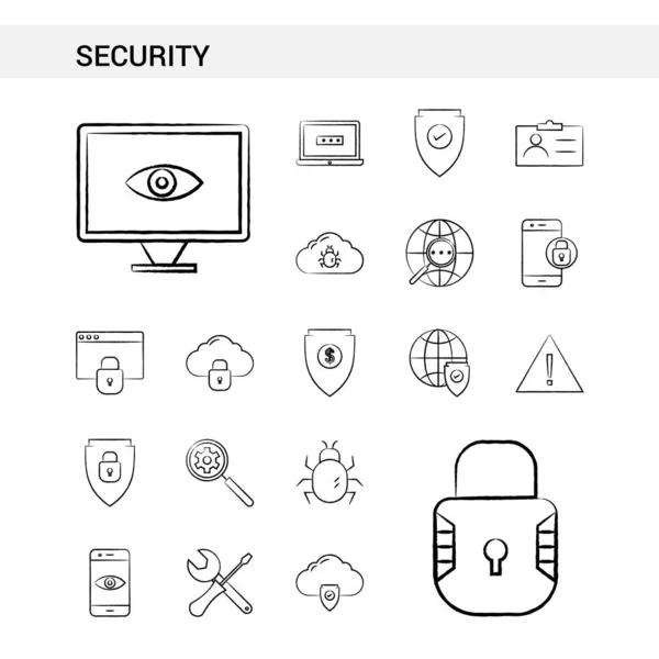 Veiligheid hand die Drawn Icon stijl set, geïsoleerd op witte achtergrond — Stockvector