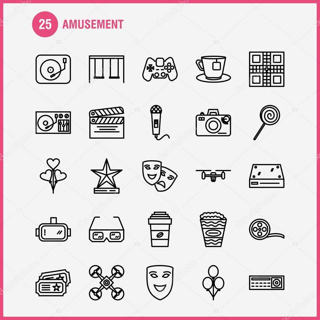 Amusement  Line Icons Set For Infographics, Mobile UX/UI Kit And Print Design. Include: Cycle, Bicycle, Cycling, Exercise, Guitar, Music, Musical Instrument, Eps 10 - Vector