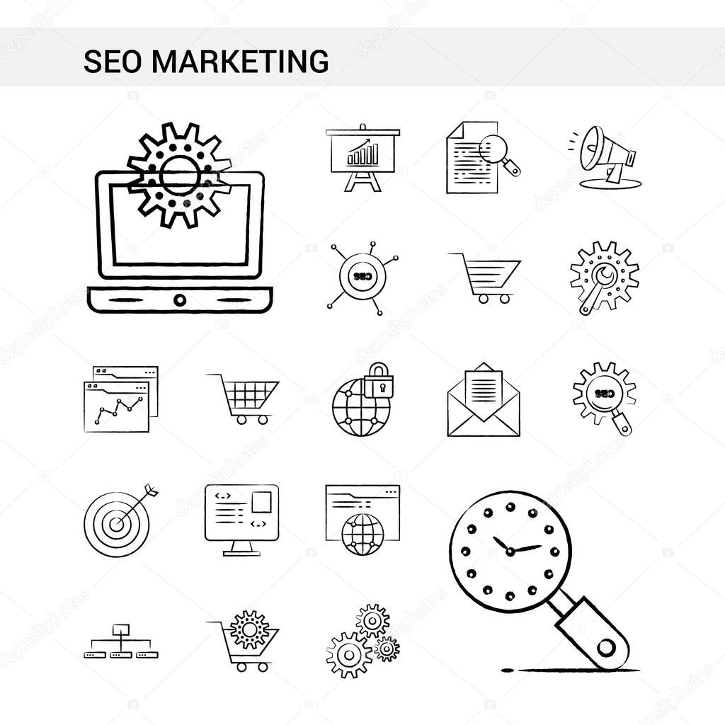 SEO Marketing hand drawn Icon set style, isolated on white background. - Vector