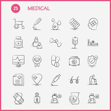 Tıbbi el çekilmiş Icons Set için Infographics, mobil Ux/UI Kit ve baskı tasarımı. Şunları içerir: Mektup, posta, tıp, hastane, kapsül, tıp, tablet, sağlık, koleksiyon Modern Infographic Logo ve piktogram. -Vektör