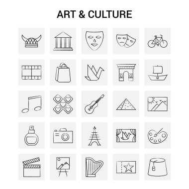 25 el çizilmiş sanat ve kültür Icon set. Gri arka plan vektör Doodle