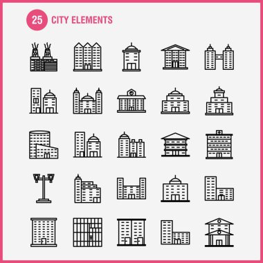 Şehir öğeleri satır Icons Set Infographics, mobil Ux/UI için Kit ve baskı tasarımı. Şunları içerir: Tower, Bina, şehir, Office, binalar, Tower, şehir, Office, Eps 10 - vektör