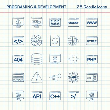 Programlama ve Geliştirme 25 Doodle simgeler. Elle çizilmiş iş Icon set