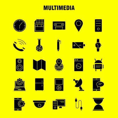 Web, baskı ve mobil Ux/UI için Multimedya katı glif simge seti. Gibi: Dünya, dünya, harita, yer, izle, izle, zaman, piktogram Pack el. -Vektör