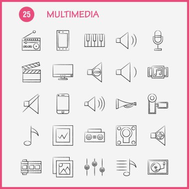 Multimedya el çekilmiş Icon Web, baskı ve mobil Ux/UI için Kit. Gibi: cep, cep, telefonu, donanım, kamera, Video, resim, Film, piktogram paketi. -Vektör