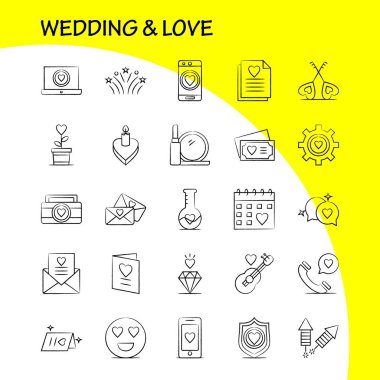 Düğün ve aşk elle çizilmiş simgeler ayarlamak için Infographics, mobil Ux/UI Kit ve baskı tasarımı. Şunları içerir: Laptop, aşk, kalp, düğün, kart, aşk, kalp, düğün, Icon Set - vektör