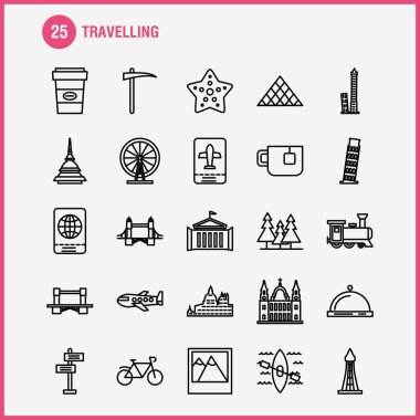 Satır simgeler seyahat ayarlamak için Infographics, mobil Ux/UI Kit ve baskı tasarımı. Şunları içerir: Küre, Internet, dünya, iletişim, bulutlar, hava, gökyüzü, fırtına, Eps 10 - vektör