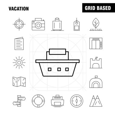 Tatil satırı Icons Set için Infographics, mobil Ux/UI Kit ve baskı tasarımı. Şunları içerir: Piknik, yaz, tatil, Bina, tatil, şehir, bayrak, yönetim kurulu, Icon Set - vektör