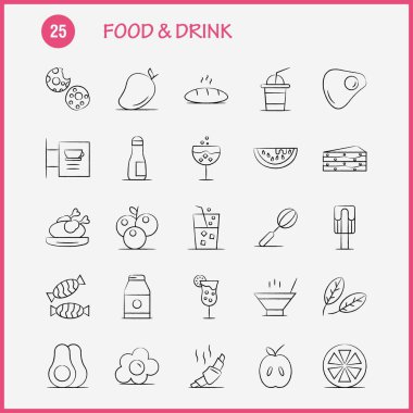 Yiyecek ve içecek elle çizilmiş simgeler ayarlamak için Infographics, mobil Ux/UI Kit ve baskı tasarımı. Şunları içerir: Kokteyl, cam, kadehi, cam, şarap, içki, pişirme, kruvasan, Icon Set - vektör