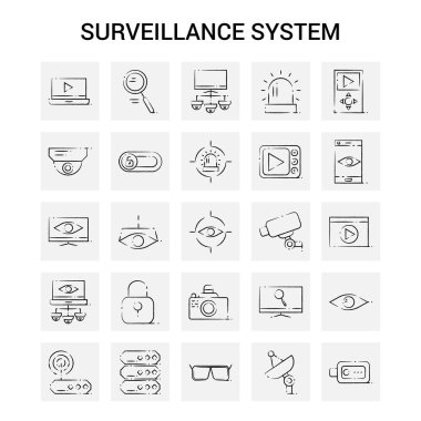 25 el çizilmiş gözetim Icon set. Gri arka plan vektör Dood
