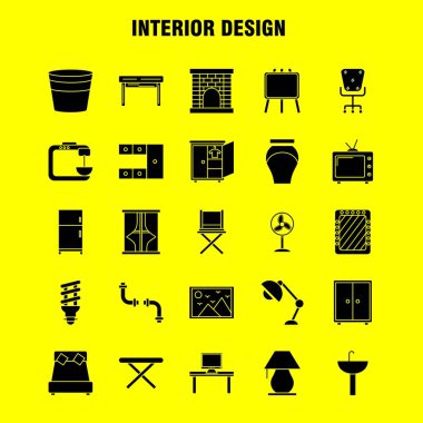 İç tasarım sağlam glif Icons Set için Infographics, mobil Ux/UI Kit ve baskı tasarımı. Şunları içerir: Demir, elektronik, beyaz eşya, elektronik öğeler, banyo küveti, Eps 10 - vektör