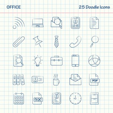 Office 25 Doodle simgeler. Elle çizilmiş iş Icon set